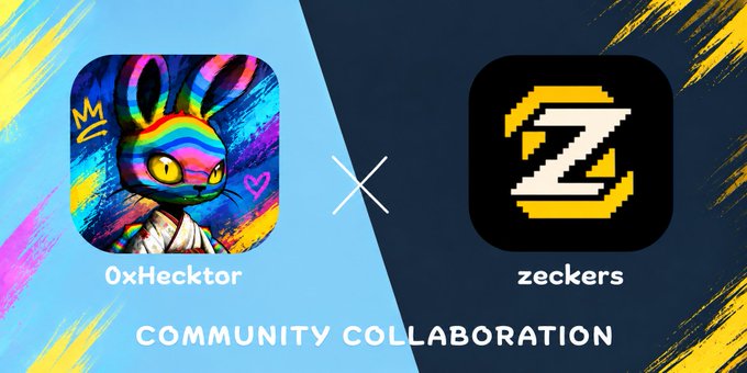 Promotional image announcing a community collaboration giveaway between "0xHecktor" and "zeckers" for an NFT drop on the ZEC blockchain, featuring the colorful rabbit artwork of 0xHecktor alongside the pixelated yellow "Z" logo of zeckers, with text reading "COMMUNITY COLLABORATION."