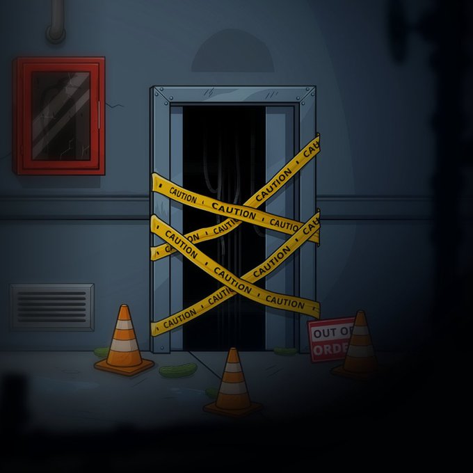 A cartoon-style dark scene of a doorway blocked off with yellow caution tape and traffic cones, with an "OUT OF ORDER" sign visible.