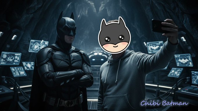 A composite image showing Batman standing in a high-tech cave next to a person in a hoodie taking a selfie, with the person's face covered by a cartoon cat emoji and the text 'Chibi Batman' in the corner.