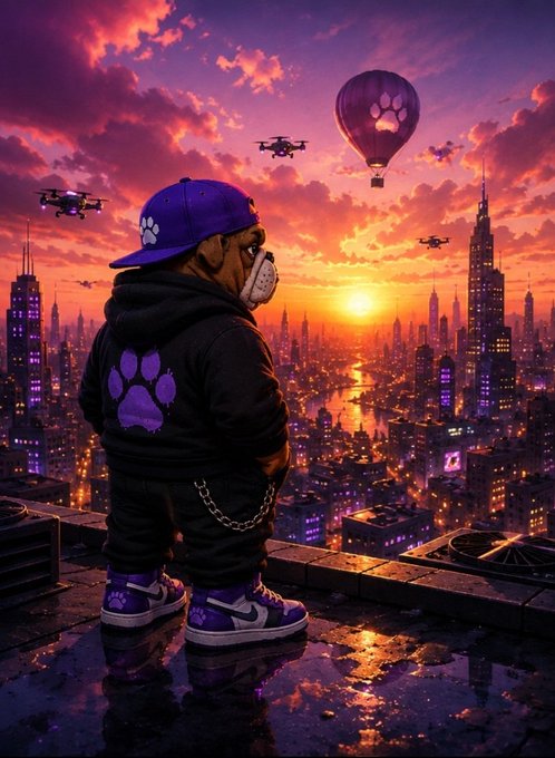 A stylized digital artwork of a bulldog character wearing a purple cap and hoodie standing on a rooftop, overlooking a futuristic city skyline at sunset with drones and a hot air balloon in the sky.