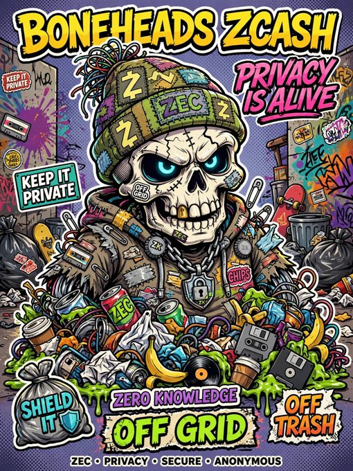 A vibrant graffiti-style poster features a skull character wearing a beanie and surrounded by trash, with text reading 'BONEHEADS ZCASH,' 'PRIVACY IS ALIVE,' 'SHIELD IT,' 'ZERO KNOWLEDGE,' 'OFF GRID,' and 'OFF TRASH,' along with 'ZEC, PRIVACY, SECURE, ANONYMOUS' at the bottom.