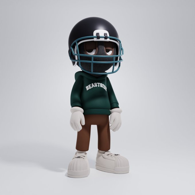 The image features a 3D rendering of a cartoon character wearing a football helmet, standing against a white background. The character has brown pants and white shoes, giving them a sporty appearance. They are also wearing a green sweater with the word "Beast" written on it in black letters. The character is looking directly at the camera, creating an engaging visual experience for the viewer.