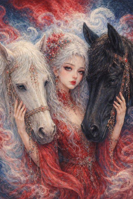 A fantasy-style painted artwork featuring a pale woman with flowing white hair and a red floral crown, wearing an ornate red dress, flanked by a white horse and a black horse, all set against a swirling red and blue cosmic background.
