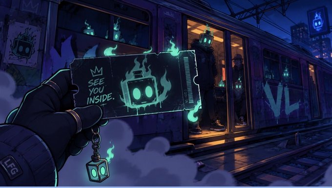 Digital artwork showing a gloved hand holding a flaming ticket that says 'SEE YOU INSIDE.' with a robot character, set against a graffiti-covered train car where robot figures are visible inside.