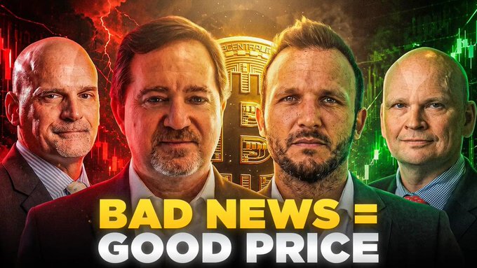The image is a YouTube thumbnail featuring four men in suits with the Bitcoin logo and candlestick charts in the background, displaying the bold text "BAD NEWS = GOOD PRICE." The thumbnail visually reinforces the post's message about Bitcoin dipping below $63K amid geopolitical events, presenting the panel of commentators as discussing why market downturns driven by news like Trump's halt on Iran strikes and the oil price crash may actually present buying opportunities.