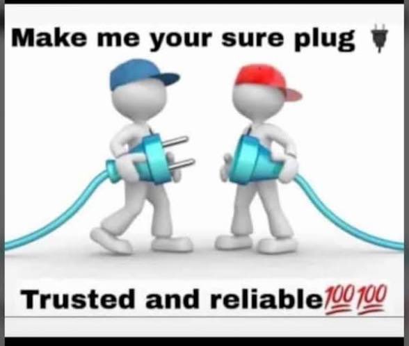 The image shows two cartoon 3D figures—one in a blue cap holding an electrical plug and one in a red cap holding a matching socket—with the text "Make me your sure plug 🔌" at the top and "Trusted and reliable 💯💯" at the bottom. The plug-and-socket imagery cleverly symbolizes connection and compatibility, aligning with the post's offer to accept both "outlier" (different) and "handshake" accounts as fitting partners for collaboration.