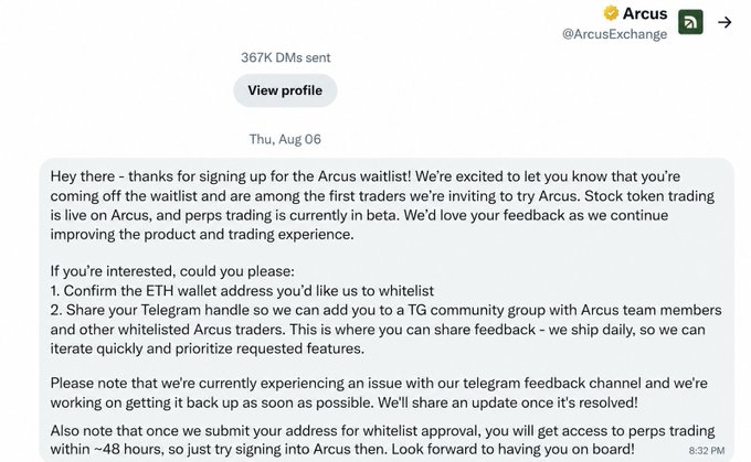 Email from Arcus (@ArcusExchange) notifying the recipient they've come off the Arcus waitlist and are invited to try stock token and perps trading, requesting ETH wallet confirmation and Telegram handle.