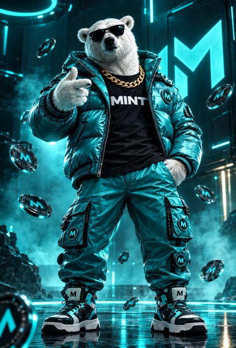 An AI-generated image of an anthropomorphic polar bear wearing sunglasses, a gold chain, a teal puffer jacket with 'MINT' on the shirt, cargo pants, and sneakers, surrounded by floating 'M' coins.