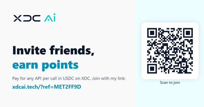 A promotional banner for XDC AI invites users to earn points by referring friends, displaying a referral link 'xdcai.tech/?ref=MET2FF9D' alongside a QR code for scanning.