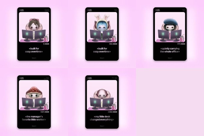 A grid of five digital trading cards featuring cute characters at computer desks, each labeled "Built for cozy overtime," "Quirky carrying the whole office," "The manager's favorite little worker," and "My little desk changed everything," with mint numbers visible on each card. The cards appear to be NFTs from a collection referenced in the accompanying post, showcasing the artwork that has made it a top-performing digital art collection by trading volume.