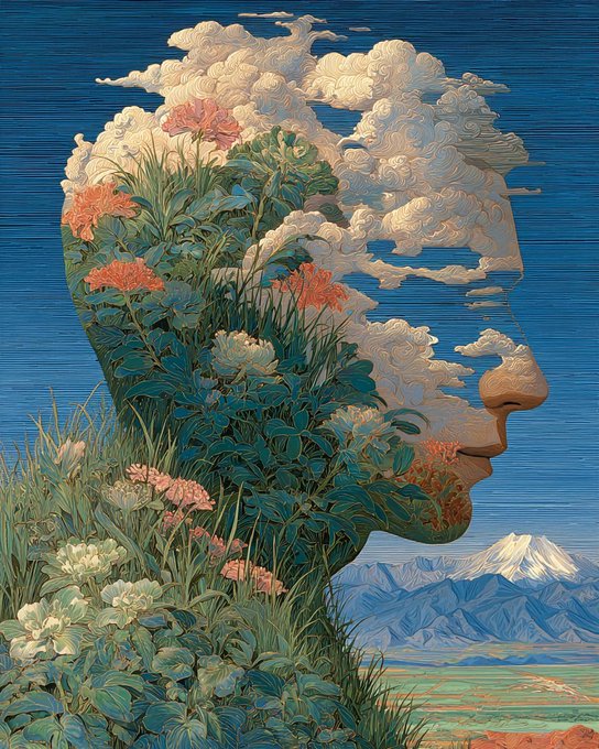 A surreal illustration of a side profile of a face, where the head is filled with blooming flowers, foliage, and clouds against a blue sky with mountains.
