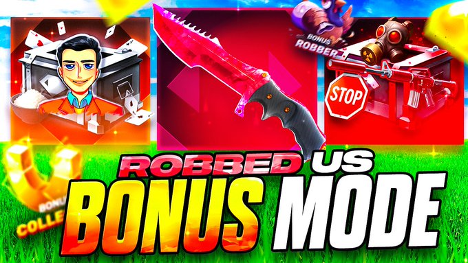 YouTube thumbnail-style graphic reading 'ROBBED US BONUS MODE' with cartoon avatars, a red crystal knife, and 'BONUS ROBBERZ' callout action figures.