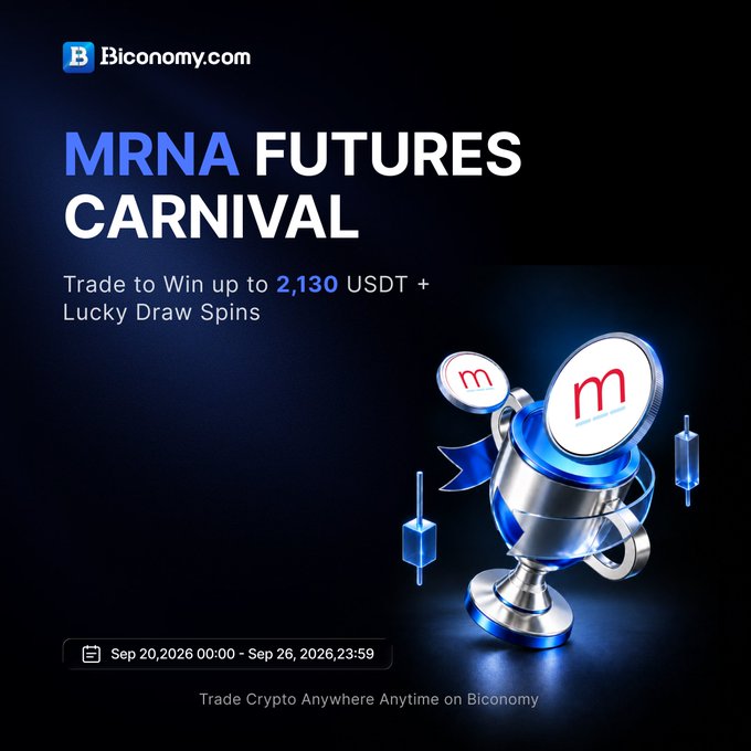 Biconomy.com promotional advertisement for an 'MRNA FUTURES CARNIVAL' offering up to '2,130 USDT + Lucky Draw Spins' between Sep 20-26, 2026.