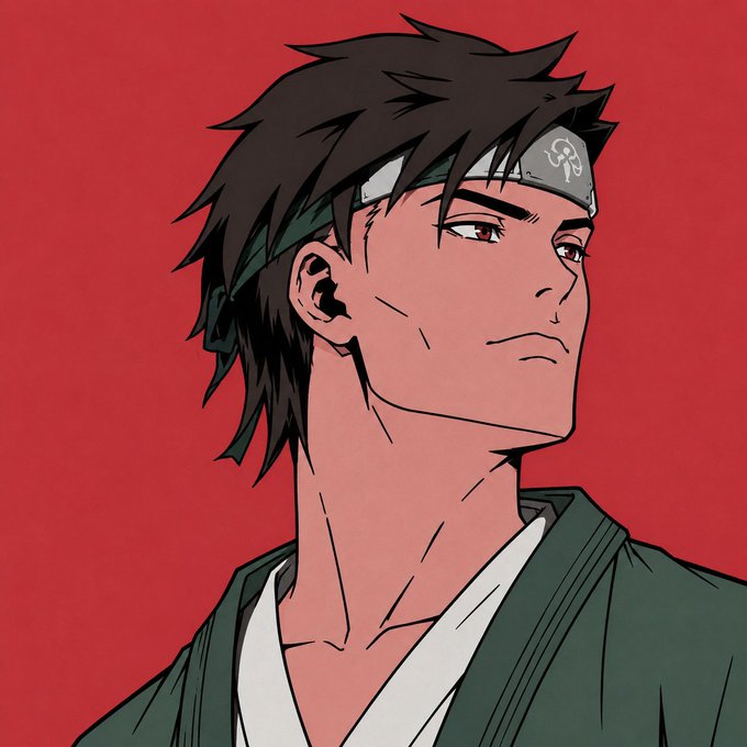 An anime-style portrait of a stoic male character with dark spiky hair wearing a Konoha headband, set against a bold red background.
