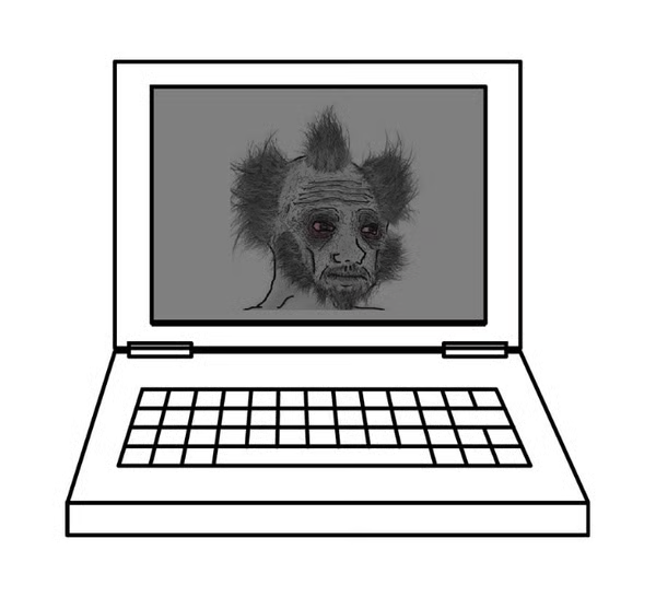 A simple line-drawn laptop displays a grotesque, disheveled face on its screen, mocking traders with the post's "Larp-top" pun—a play on "laptop" implying the device's users are merely "larpers" (pretending to be successful traders) who aped in at inflated valuations and are now staring at losses alongside satirical references to Biden family vacation rumors.