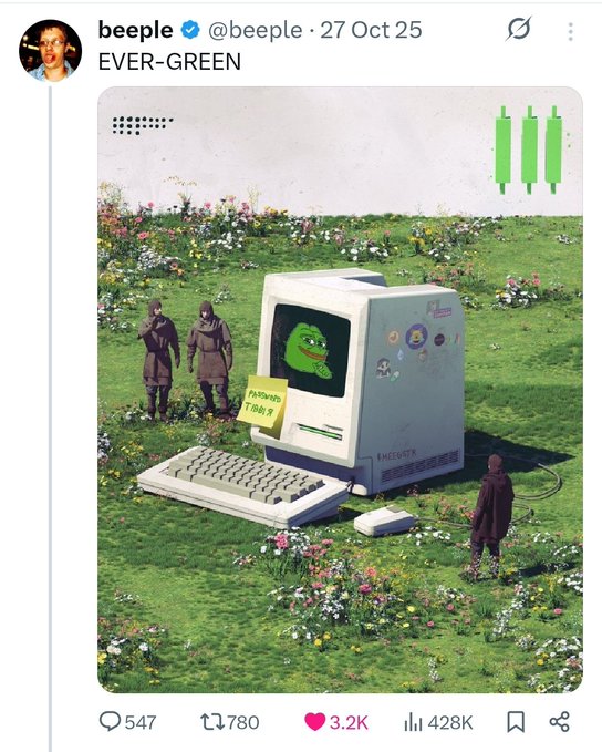 The user wants a concise caption for the image.
I need to identify key elements:
- **Image content:** A large, retro-style computer (looks like an old Mac) sitting in a grassy field with flowers. Two figures in dark robes stand near it. A third figure stands further back. The screen displays the "Pepe the Frog" meme face.
- **Text on screen:** There's a yellow sticky note on the monitor that says "TIBBIR 1 000 000" (or similar, looks like "TIBBIR" and a number). The monitor itself has "EVERGREEN" written on it.
- **Post text:** The tweet says "EVER-GREEN". The post text provided by the user says "Gribbit $TIBBIR EVER-GREEN". This suggests a connection to a crypto token called $TIBBIR.
- **Visual elements:** Three green candlest