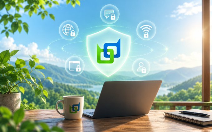 A laptop and coffee mug sit on a wooden desk overlooking a lush, mountainous landscape, with a holographic shield icon surrounded by privacy and connectivity symbols floating in the air above. The shield features the "BD" Beldex logo in green and blue, visually reinforcing the post's message about BeldexCoin's ecosystem (BChat, BelNet, Beldex Browser, and BNS) building a private, secure alternative internet.