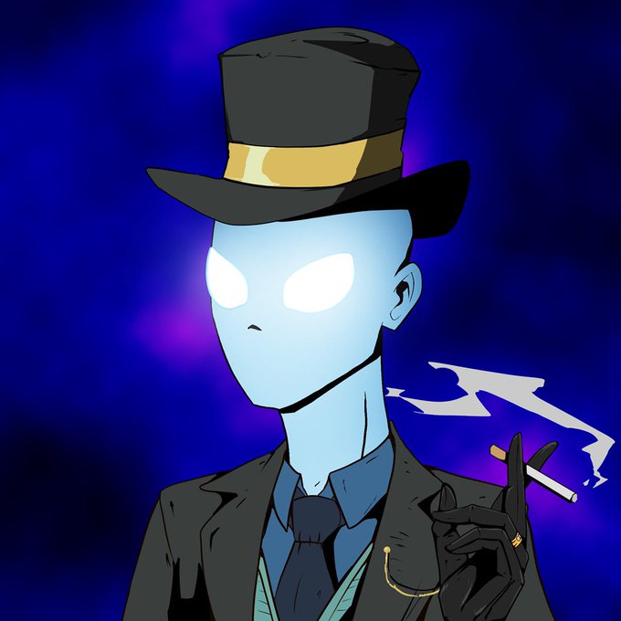 A pale, masked figure wearing a black top hat and suit holds a smoking cigarette against a blue cosmic background, fitting the mysterious "Ink Lords" NFT collection aesthetic as a stylish character embodying the dark, fantasy-driven identity of the project.