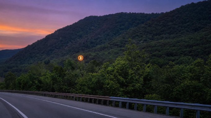 A twilight mountain highway features an illuminated orange road sign in the middle of a forested hillside, humorously answering the prayer for "a sign" with an actual highway sign appearing in the wilderness.