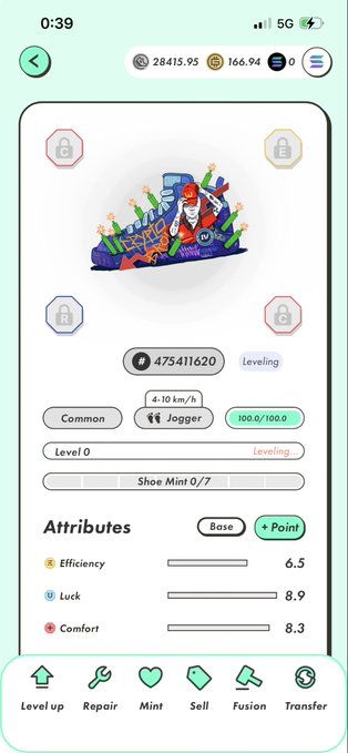 The image shows a mobile app screen displaying a sneaker NFT in a fitness game (likely STEPN), featuring a "Jogger" Common shoe at Level 0 with attributes Efficiency 6.5, Luck 8.9, and Comfort 8.3, alongside a balance of 28415.95 G tokens. This aligns with the Japanese post about leveling up a shoe despite having no intention of using it, showcasing the in-game sneaker details and leveling interface mentioned.