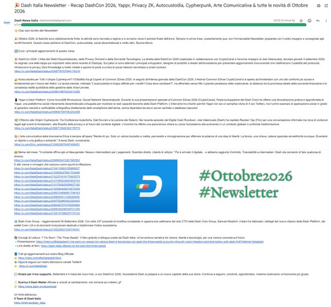 Screenshot of a 'Dash Italia Newsletter' email for October 2026 with the subject 'Dash Italia Newsletter - Recap DashCon 2026, Yappr, Privacy ZK, Autocustodia, Cypherpunk, Arte Comunicativa & tutte le novità di Ottobre 2026', featuring an image with the text '#Ottobre2026 #Newsletter'.
