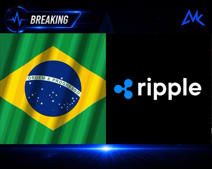 A breaking news graphic displaying the Brazilian flag next to the Ripple logo, suggesting a news announcement about Ripple in Brazil.