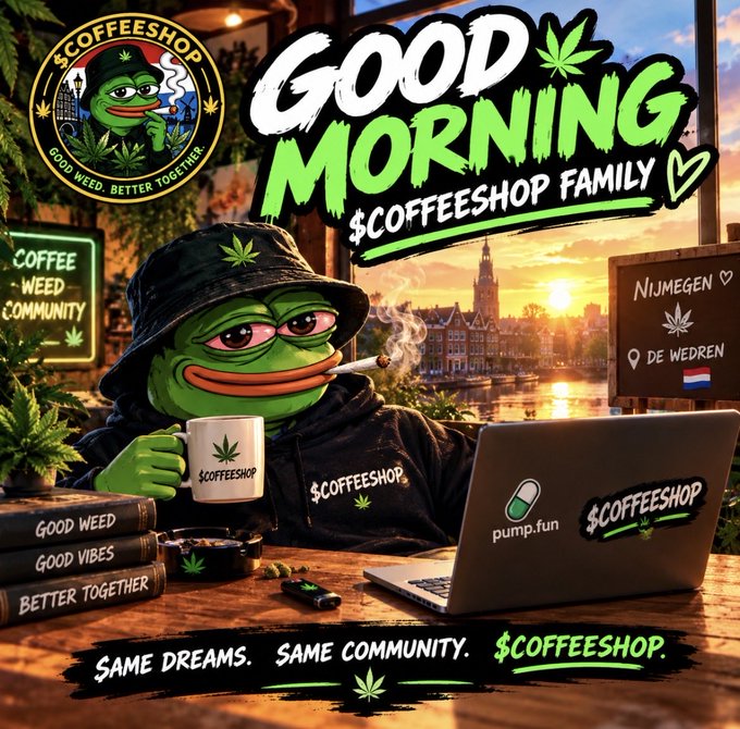 A promotional graphic for $COFFEESHOP featuring a Pepe the Frog character smoking and holding a mug, with text 'GOOD MORNING $COFFEESHOP FAMILY' and 'SAME DREAMS. SAME COMMUNITY. $COFFEESHOP.' referencing Nijmegen.
