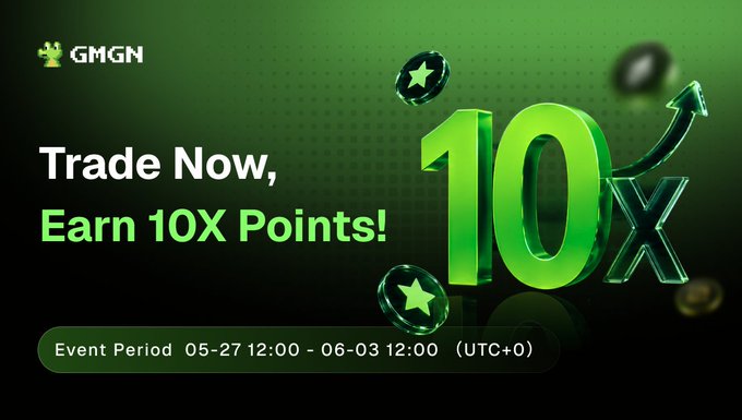 The image features a poster for a trading platform that offers users 10x points on their first trade each week. They claim that one shot per UID will help them earn those points faster, and they are closing down at 12:00 hours (noon) on June 3rd. The post includes the text "Trade Now, Earn 10X Points!" to emphasize the offer, along with event details for a trading period starting from May 27th until March 31st. The main focus of the image is a close-up view of the trading platform's logo in green and white colors against an orange background.