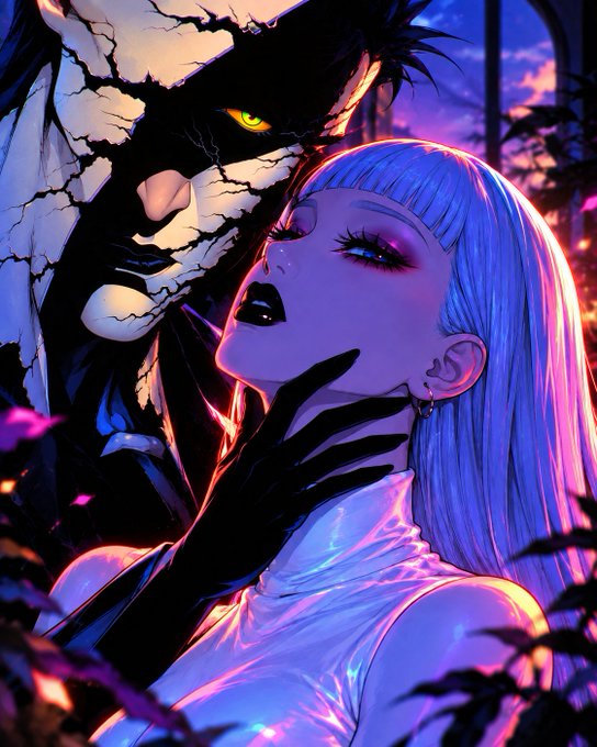A vibrant, stylized anime-style illustration depicting a woman with white hair and dark lipstick being held by a figure with a cracked, mask-like face.
