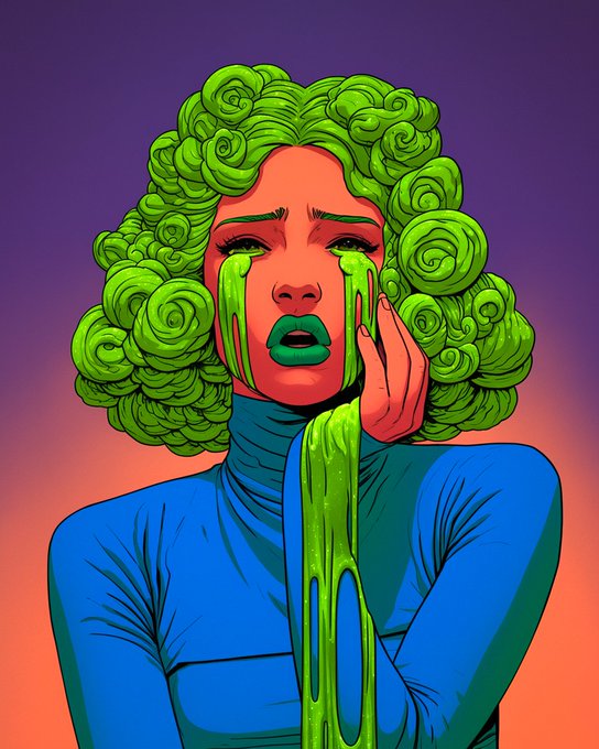 A stylized illustration shows a woman with curly green hair and red skin, wearing a blue turtleneck, crying streams of green liquid against a gradient purple and orange background, evoking the somber, theatrical tone of the artist's post wishing the "X-Family" a "happy blessed Tuesday."