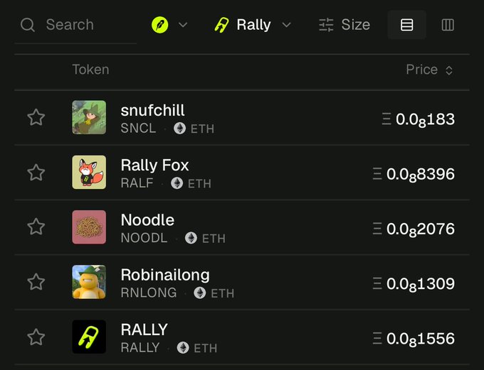 A screenshot of the Rally platform interface showing token prices in ETH, including snufchill (SNCL) at 0.0₈183, Rally Fox (RALF) at 0.0₈8396, Noodle (NOODL) at 0.0₈2076, Robinailong (RNLONG) at 0.0₈1309, and RALLY at 0.0₈1556.