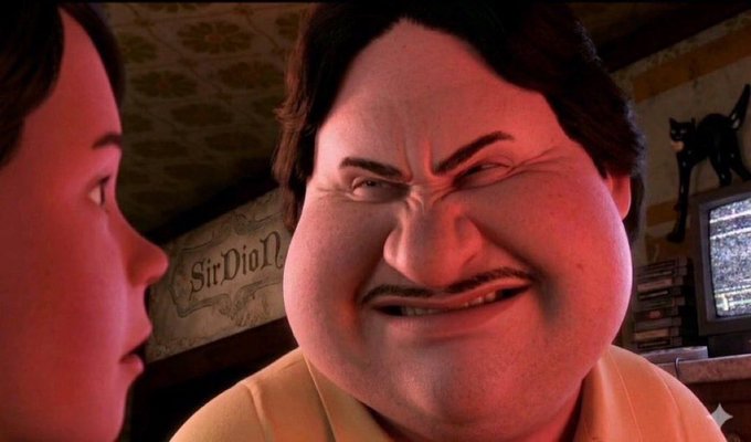 A close-up of a 3D animated character with a large head, mustache, and slicked-back hair smirking at another character. In the background, there is a stone wall with a sign reading 'Sir Dio N' and a black cat figurine.
