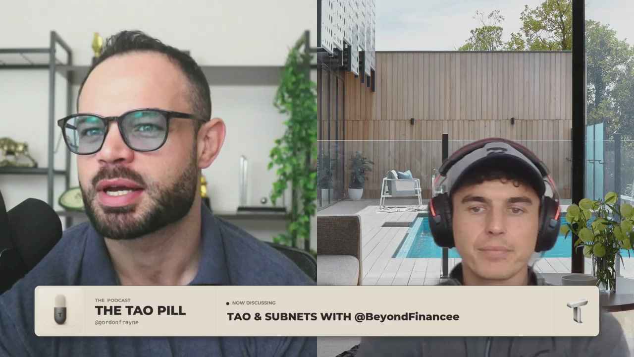 The image shows a man wearing glasses and another man with headphones holding a microphone, talking into it during a virtual meeting or online chat session. The text of the image suggests that they are discussing something related to the content of the posted article titled "Bittensor & Subnets", as well as other news articles about financial markets on Bittensor's blog page.