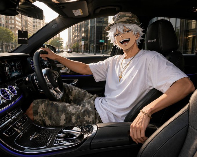An anime-style illustration of a white-haired, grinning character wearing a camo cap, white t-shirt, gold chains, and camo shorts, sitting in the driver's seat of a Mercedes-AMG with the interior visible.