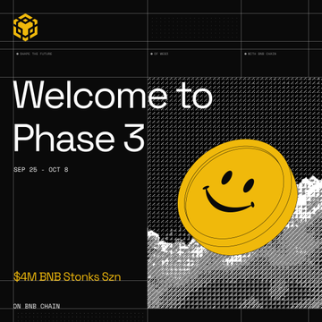 The image shows a promotional graphic with the headline "Welcome to Phase 3," dated "SEP 25 - OCT 8," featuring a large gold coin with a smiley face design. It promotes "$4M BNB Stonks Szn" on BNB Chain, aligning with the post's announcement that Phase 3 of this event is live with $400K in $U up for grabs.