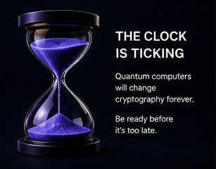 The image features an advertisement with a purple hourglass as its central focus, symbolizing time and emphasizing the importance of timely action or decisions related to the topic at hand. The text accompanying the hourglass reads "The Clock Is Ticking" and suggests that there is a connection between clocks and the current state of digital security in terms of cyber threats. The post also mentions that the @quip network has an expertise in developing and testing software, which could be related to the timely development or adoption of new security measures in response to the ever-changing landscape of digital privacy concerns.