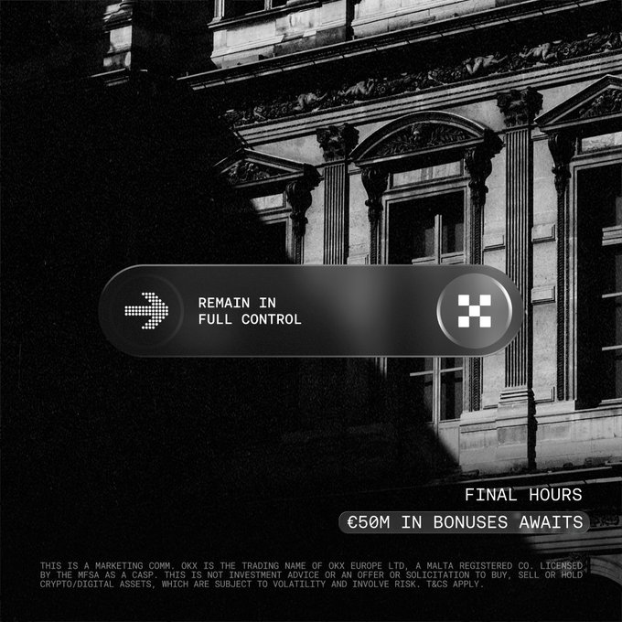 A black-and-white photo of an ornate classical building serves as the backdrop for a digital pill-shaped graphic reading "REMAIN IN FULL CONTROL" with arrow and checkered icons, while "FINAL HOURS — €50M IN BONUSES AWAITS" appears in the lower right above a MiCA regulatory disclaimer for OKX Europe Ltd, reinforcing the ad's message that OKX is a licensed EEA exchange offering up to €400 in bonuses before a final deadline.