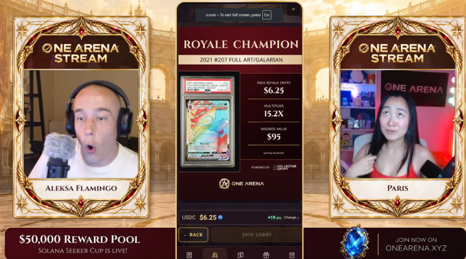 A split-screen livestream on ONE ARENA STREAM showing two streamers, Aleksa Flamingo and Paris, with a central display for the Royale Champion 2021 #207 Full Art/Galarian card valued at $6.25 and a $5,000 reward pool.
