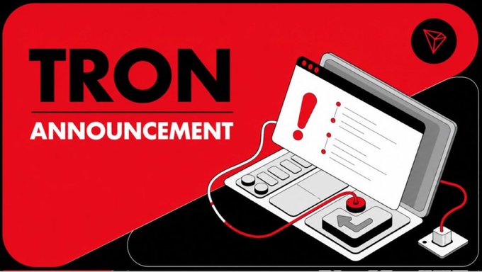 A bold red graphic announcing 'TRON ANNOUNCEMENT', illustrated with a laptop, a warning alert, and connected cables.