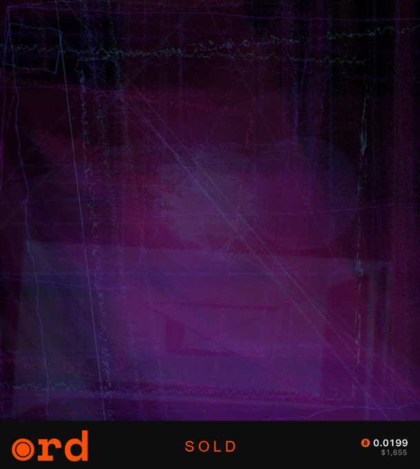 A digital artwork with abstract purple and dark tones overlaid with faint geometric lines displays a logo labeled 'ord' in the bottom left, a 'SOLD' status in orange, and a price of 0.0199 ($1,655) in the bottom right.