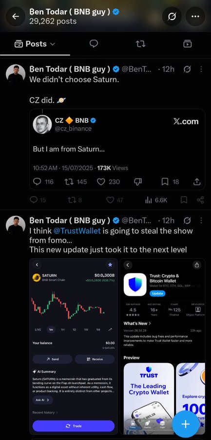 A screenshot of X (Twitter) posts from Ben Todar (@BenT...) referencing 'We didn't choose Saturn. CZ did.' and a tweet from @cz_binance saying 'But I am from Saturn...', alongside Trust Wallet app screenshots.