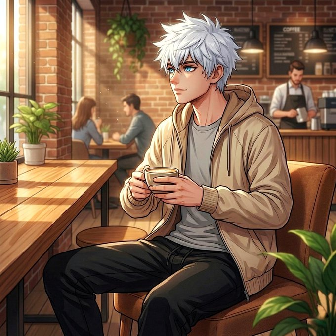 An anime-style illustration of a white-haired young man in a beige hoodie holding a cup of coffee in a brick-walled cafe.