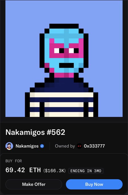 An NFT listing on OpenSea for Nakamigos #562, a pixel art character with a blue and pink face, priced at 69.42 ETH ($166.3K), owned by 0x333777, with 3 months remaining.