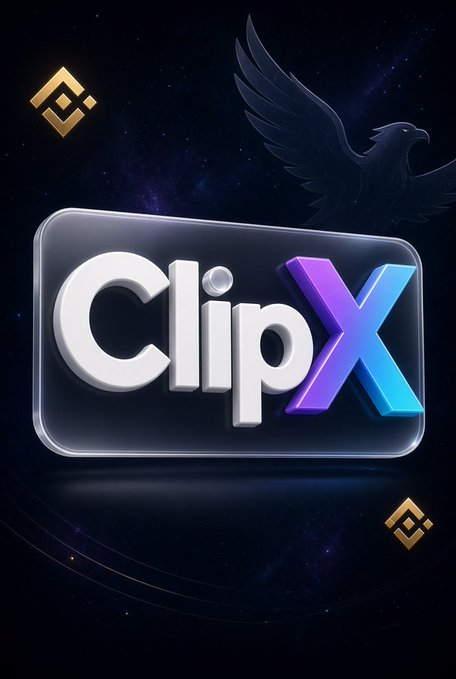 Logo design featuring 'ClipX' text in a glossy 3D style on a dark background with eagle and Binance-style icons.