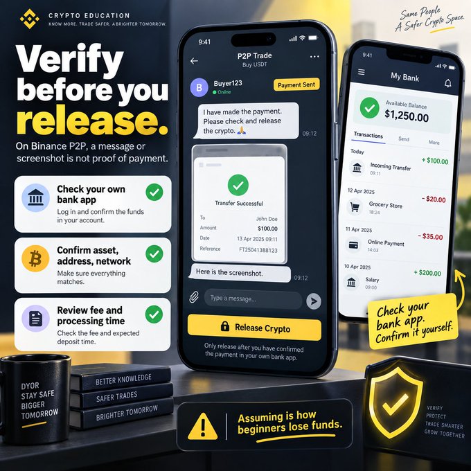 A crypto education graphic titled "Verify before you release" by Binance P2P, showing two smartphones with a $100 USDT payment confirmation and a bank app displaying a $1,250.00 balance, alongside three checklist steps: check your own bank app, confirm asset/address/network, and review fee and processing time. The image illustrates the accompanying post's warning about not trusting a seller's "sent" message or screenshot, emphasizing that the user must independently verify the payment in their own bank app before releasing the crypto.