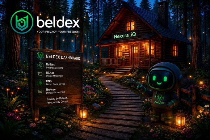 An illustrated promotional image for 'beldex' featuring a wooden cabin in a forest at night with a sign reading 'Nexora_iQ,' listing services like BelNet, BChat, BNS, and Browser, alongside a green robot mascot with the tagline 'Privacy by Default. Freedom by Design.'