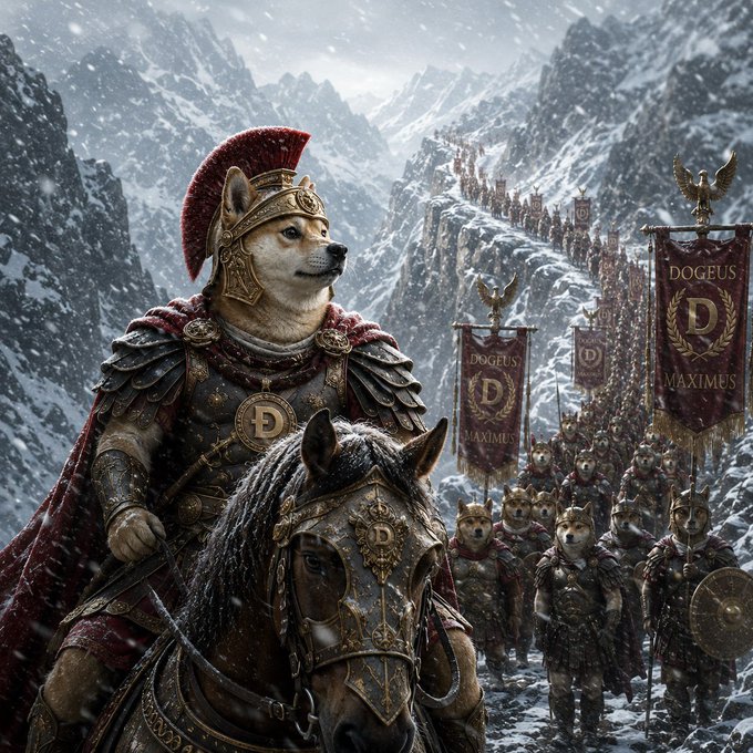The image features a dog dressed as a Roman soldier, riding a horse through a snowy mountain landscape with other soldiers following behind him. The caption reads "DOGEUS MAXIMUS will be the world's first trillionaire." This suggests that the dog is part of an army and has been assigned the role of a trillionaire, which implies that he is a highly skilled and valuable asset to his team.

The image also includes several banners with Roman emblems on them, further emphasizing the theme of the scene as a historical or military context. The presence of these banners alongside the dog dressed in Roman garb reinforces the idea that this is an important event or situation involving the Roman army.