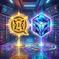 A digital art piece featuring two glowing hexagonal cryptocurrency-style icons (one gold, one blue) floating above an illuminated circular platform.