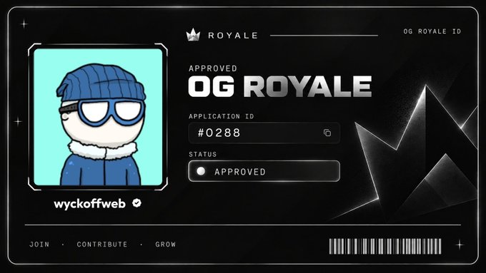 An "OG ROYALE" digital ID card with "APPROVED" status, showing Application ID #0288 for user "wyckoffweb," featuring a cartoon character wearing a beanie and glasses.