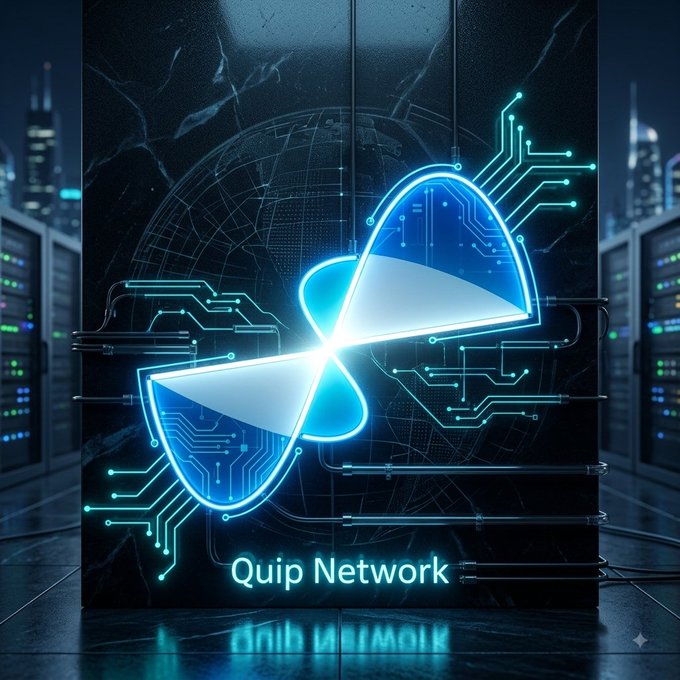 A digital graphic featuring a glowing blue atomic/molecular symbol on a dark marble background with circuit board patterns, displaying the text 'Quip Network' below, set against a futuristic cityscape with server racks.